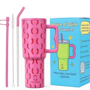 House of Quirk 1200ML Stainless Steel Tumbler with Handle & Lid, 2 Straws – Large Travel Mug Water Cup for Gym, Office & Outdoor Use (Pink Chili)